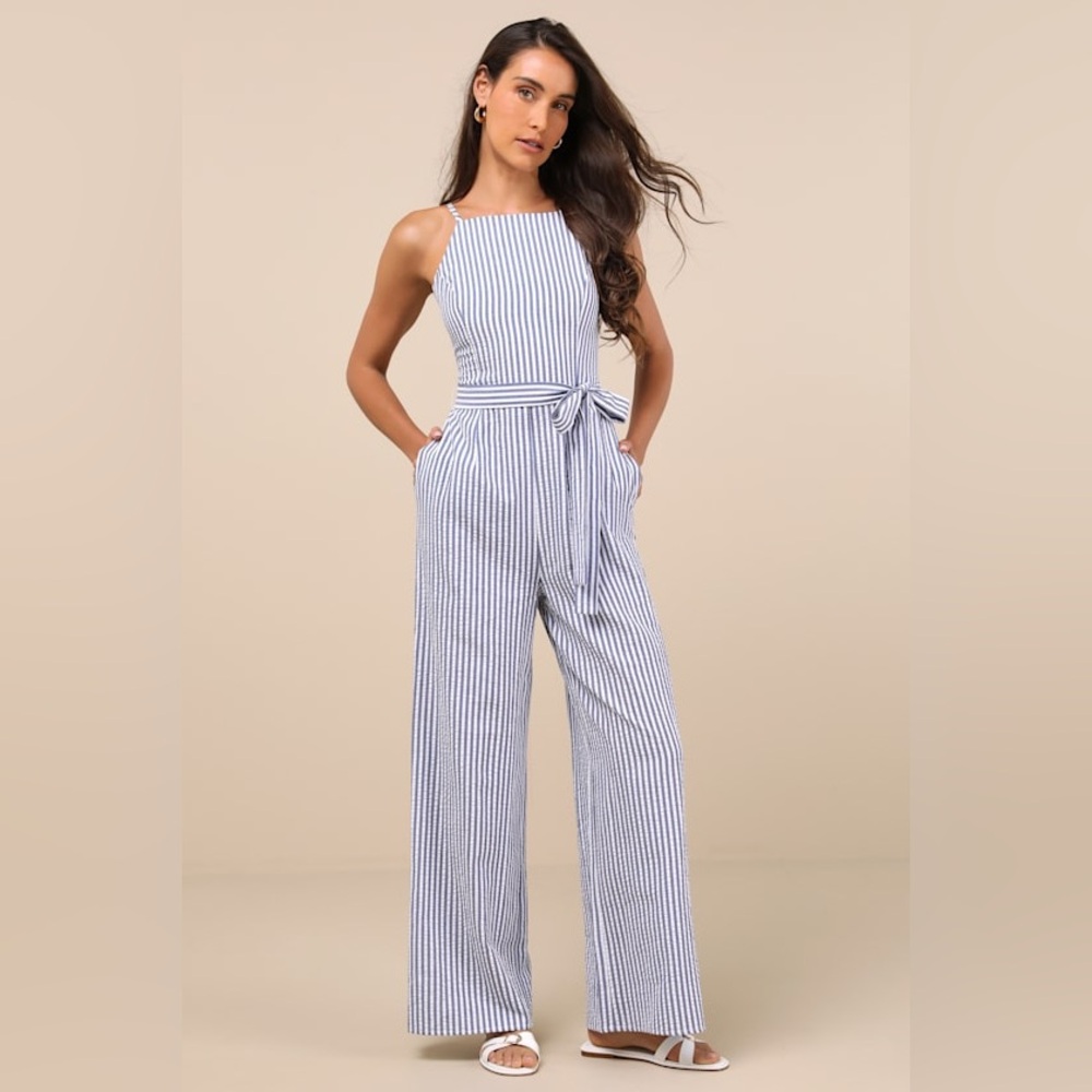 NWT Lulus Messina Blue Striped Wide-Leg Jumpsuit XL